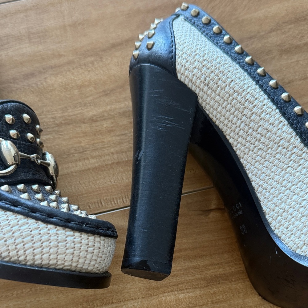 Gucci Black/Cream Leather and Straw Studded Horsebit Alyssa Loafer Pumps Size 38 - Picture 5 of 10